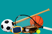 A collection of sporting items (tennis rackets, footballs, tennis balls, a baseball bat) in front of a dark green background.