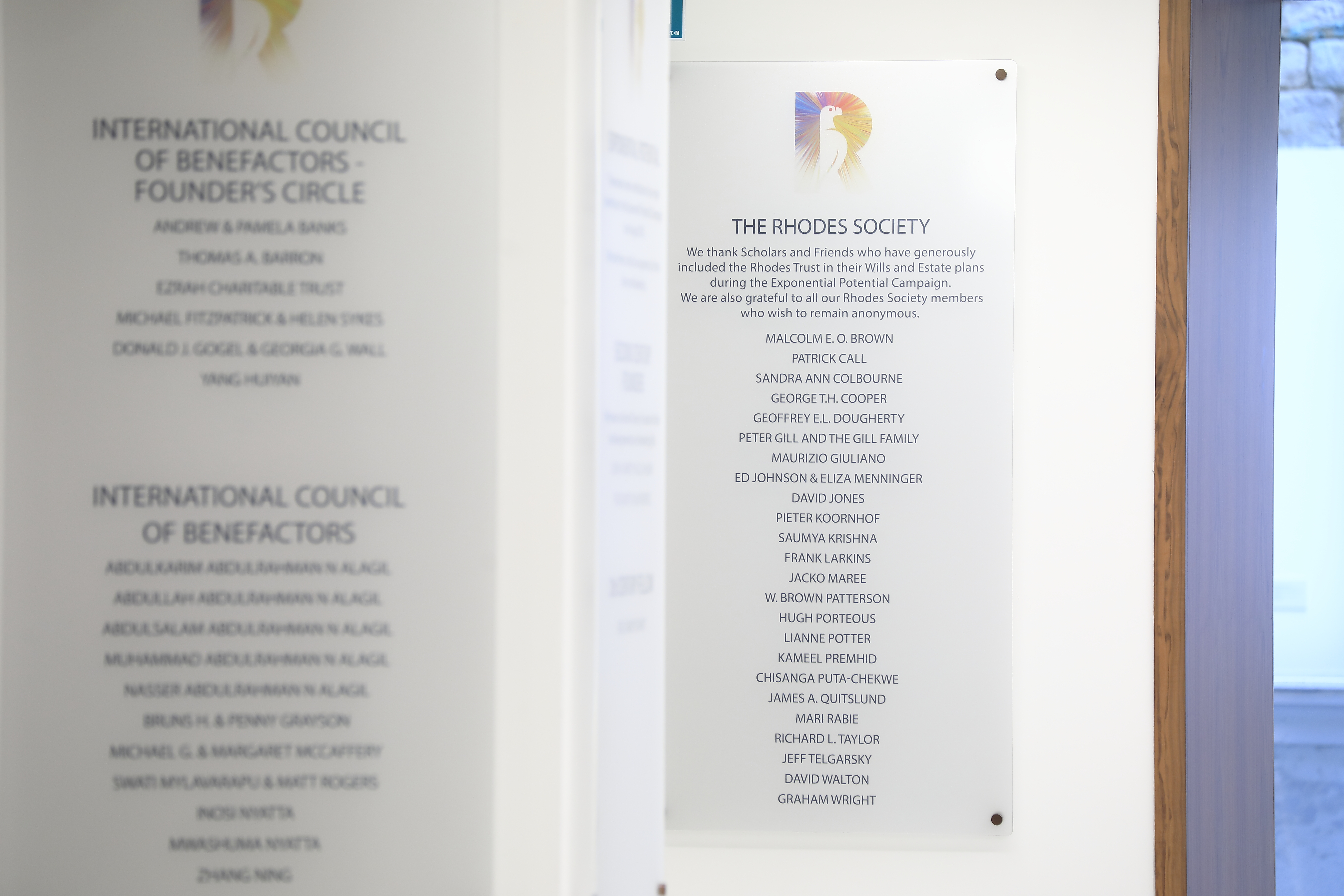 Board listing Rhodes Society Donors since 2018.