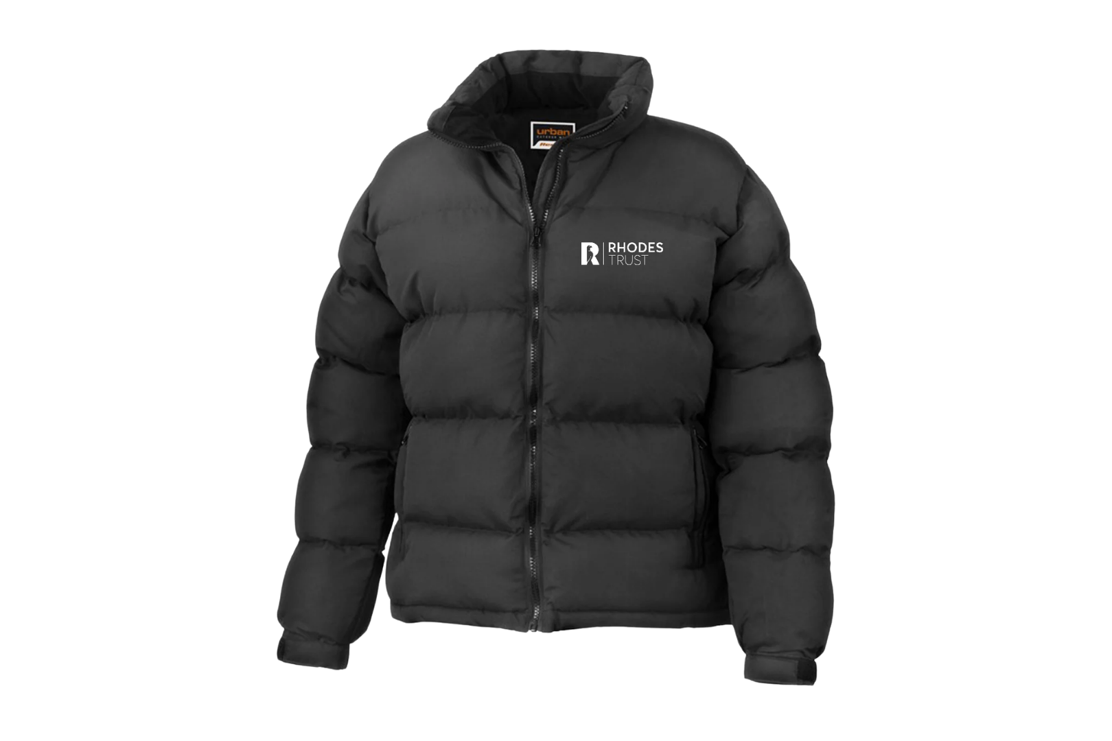 A black quilted puffer jacket with a high collar and front zip, with a small white Rhodes Trust logo on the left chest.