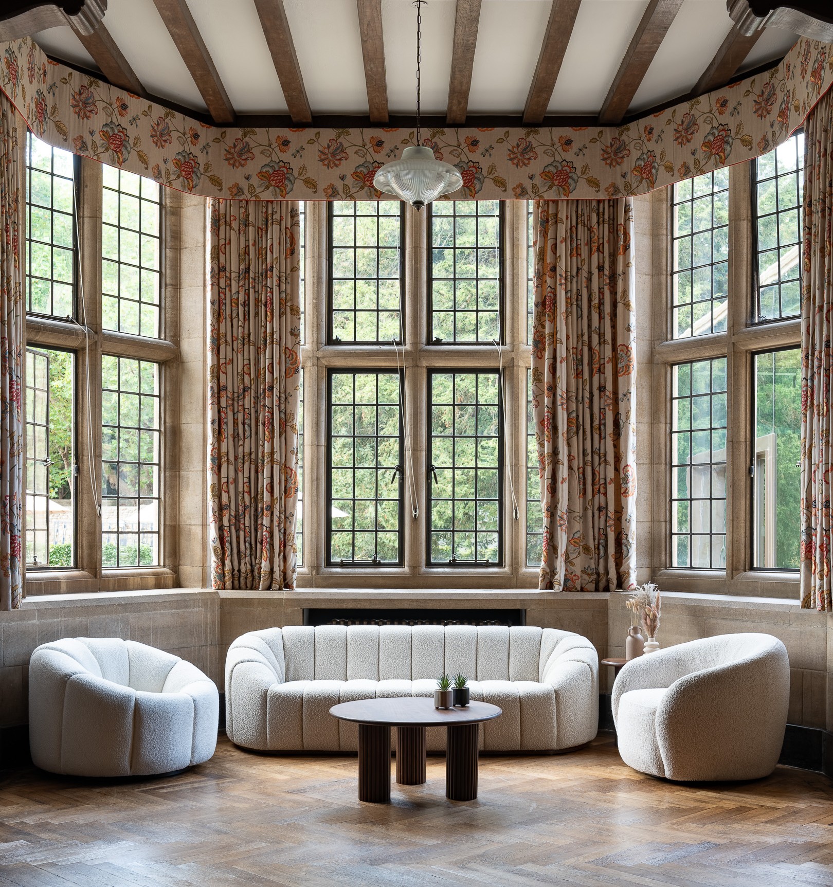 Hired furniture in the Rhodes House Reception Room bay window