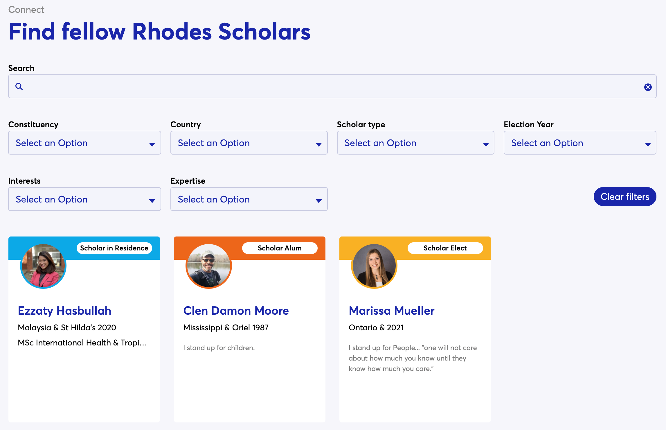 A screenshot of the Rhodes Connect Rhodes Scholar Directory.