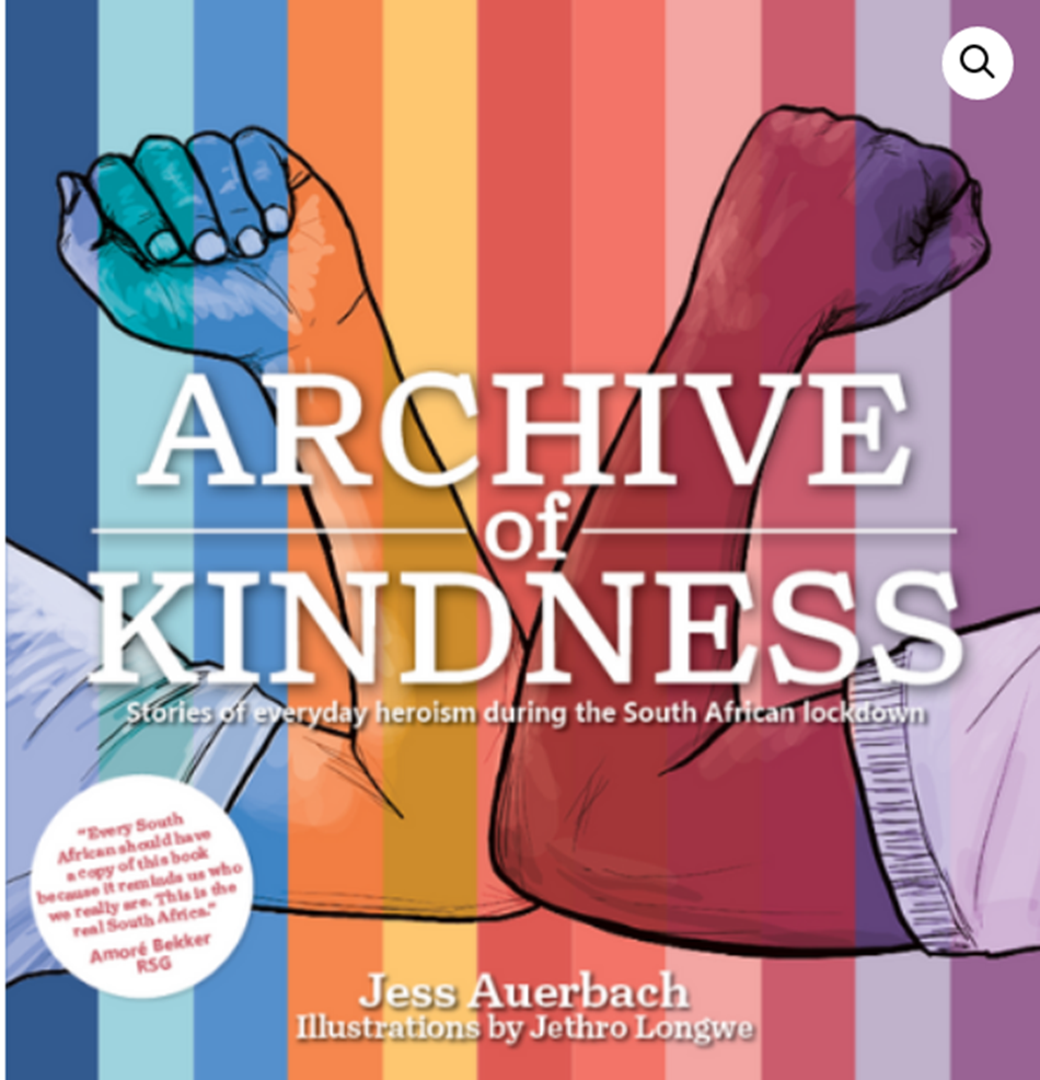Text reads 'archive of kindness' with a visual of two elbows bumping. The background is multicoloured translucent stripes.