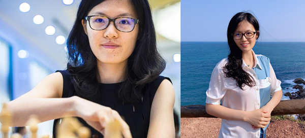 Yifan playing chess on the left, and standing in front of a sea view, smiling, on the right. 