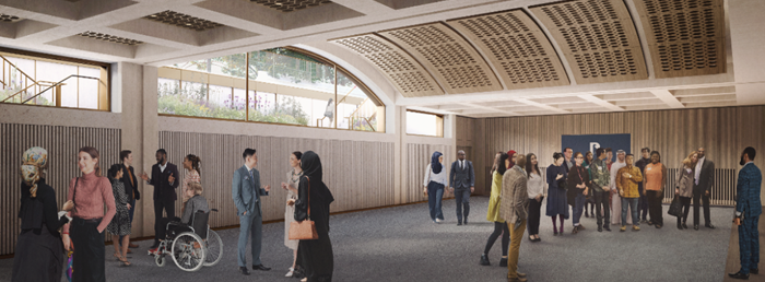 Render of the new conference centre. A large group of people are milling around talking to one another. In the background there is a large window.