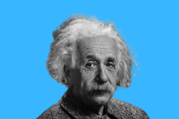 A black and white photo of Albert Einstein in front of a blue background.