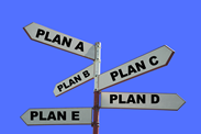 A signpost with different posts facing different directions. the signs read 'plan a', 'plan b', 'plan c' and so on. This is in front of a purple background.