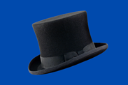 A photo of a top hat in front of a dark blue background.