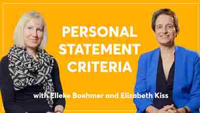 Yellow background picturing Elizabeth Kiss and Elleke Boehmer. Text reads: 'personal statement criteria'