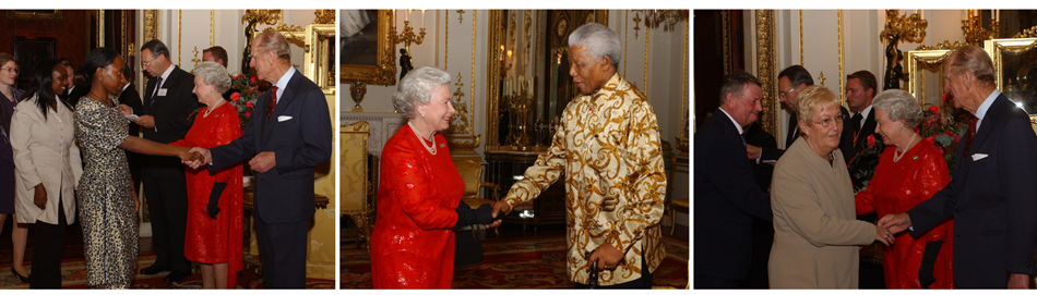 Triptych of images from the 2003 centenary celebrations for the Rhodes Scholarship at Buckingham Palace. On the left, Queen and Prince Philip are greeting Rhodes Scholar Muloongo Muchelemba. In the middle, Queen Elizabeth is shaking hands with Nelson Mandela. On the right, Porter of Rhodes House Bob Wyllie is shaking hands with the Queen.