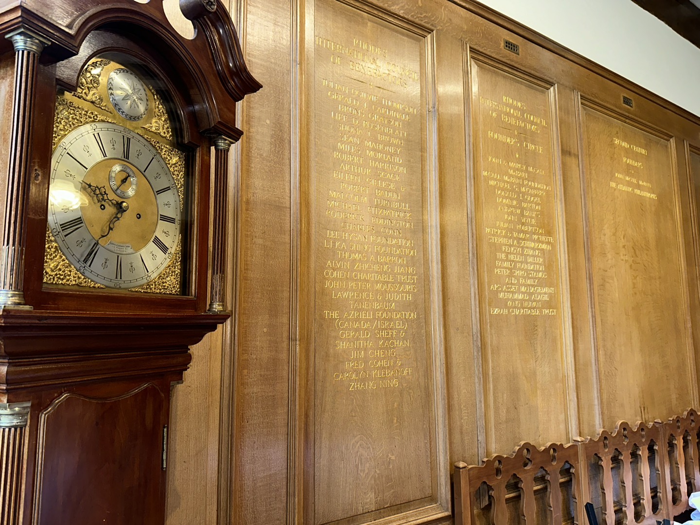 Gold engravings of legacy donors in the Reception Room at Rhodes House