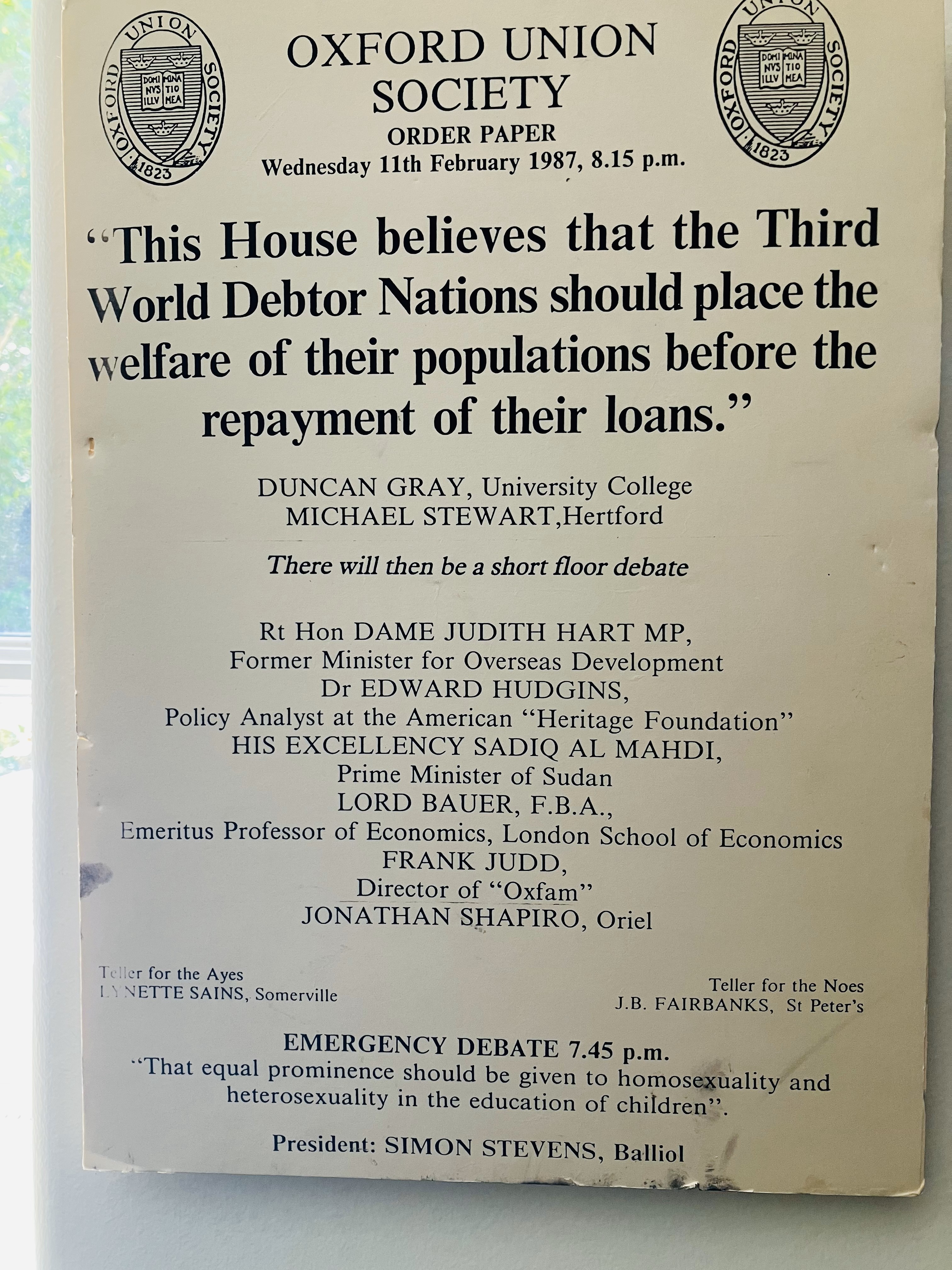 Copy of a debate pamphlet titled: "This House believes that the Third World Debtor Nations should place the welfare of their populations before the repayment of their loans". Jonathan is listed as one of the speakers.