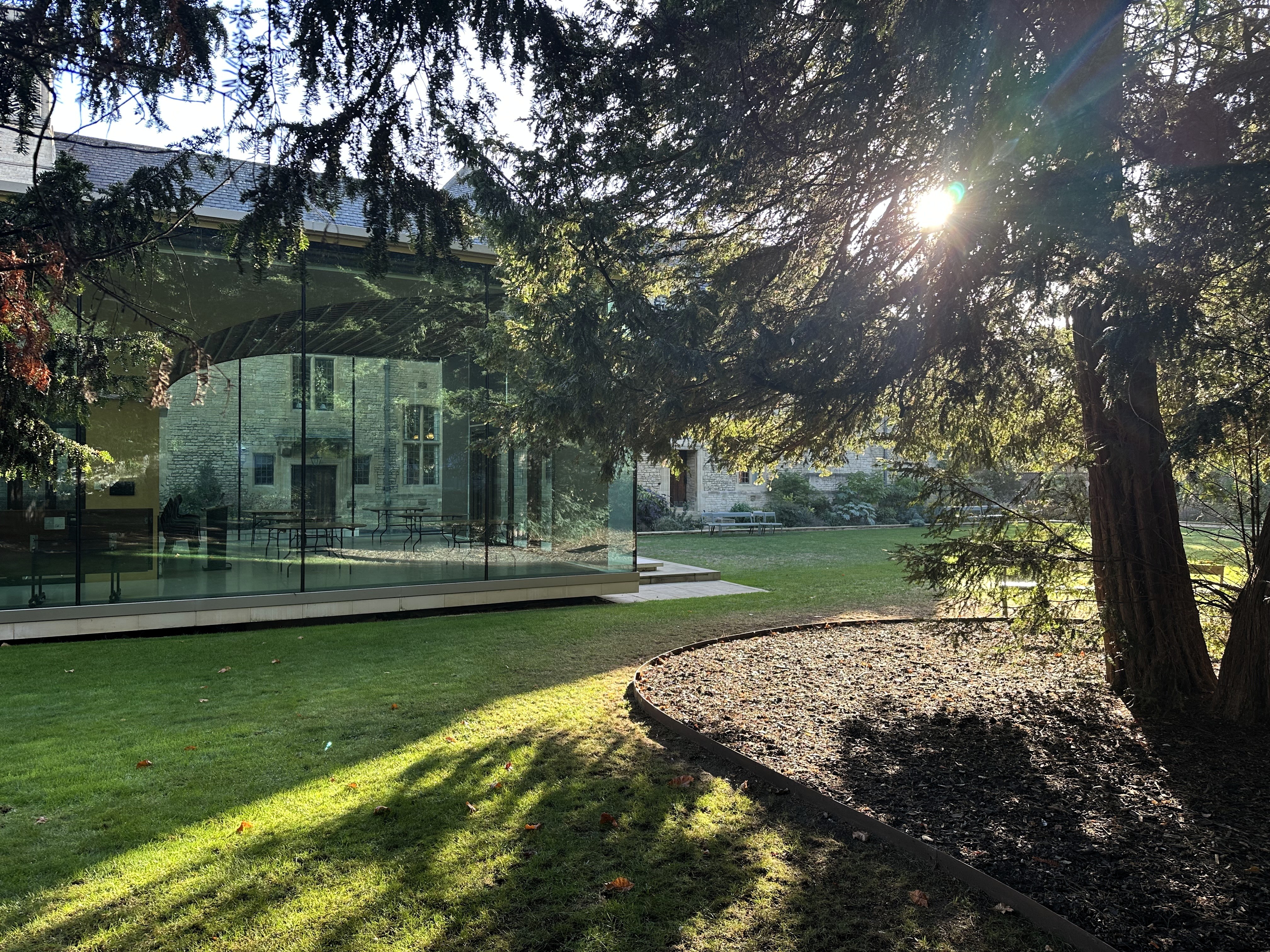 View of the Glass Pavilion from the outside, with sunlight coming through a tree in the garden