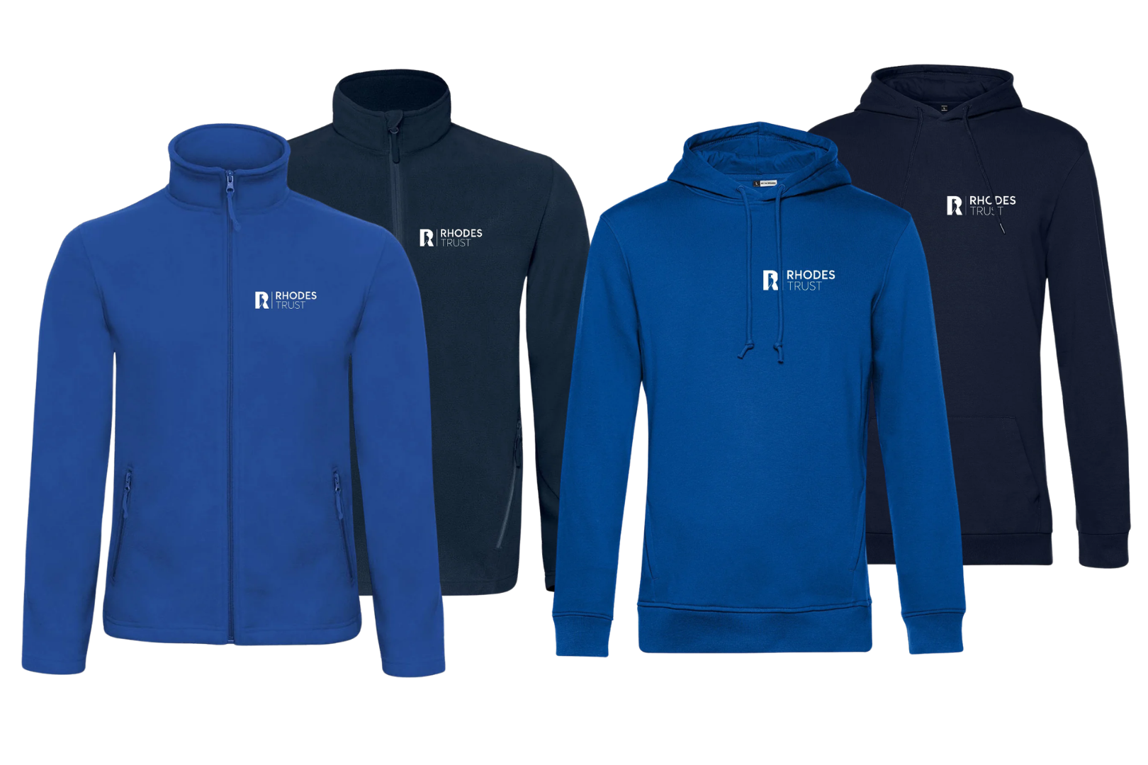 Two zip-up fleece jackets and two pullover hoodies in royal blue and navy, each with a small white Rhodes Trust logo on the chest.