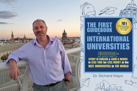 Left: Richard in Seville; right: The First Guidebook to International Universities