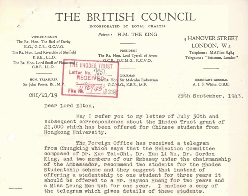 Letter from British Council to Rhodes Trust
