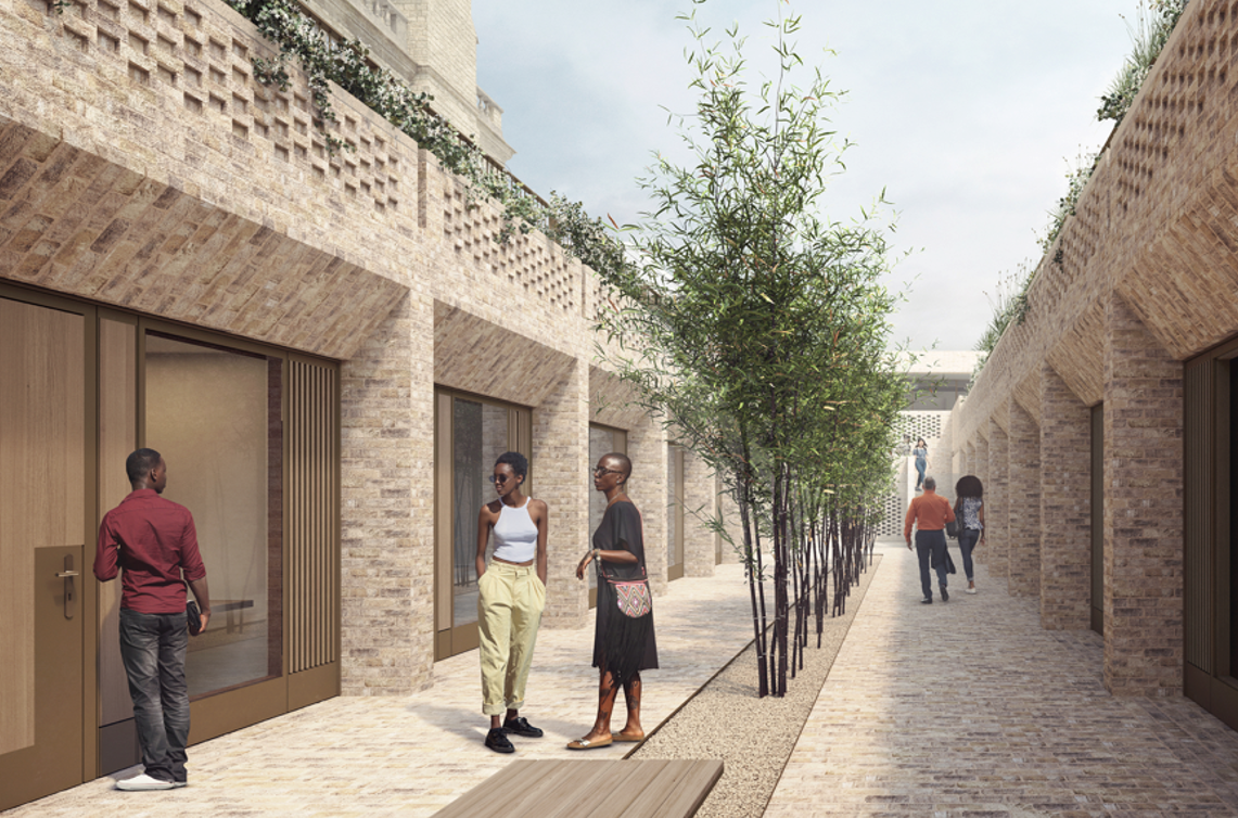 An image visualising the view of Rhodes accommodation. There are rooms in two rows either side of a paved courtyard lined with trees. Prospective students meet and walk along the courtyard.