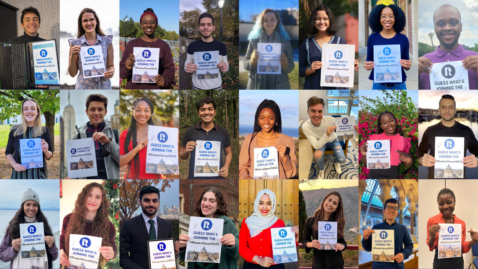 An image composed of multiple photos of Rhodes scholars for the class of 2022. They are all posing with a sign that says, "Guess Who's Joining the Rhodes Class of 2022?"