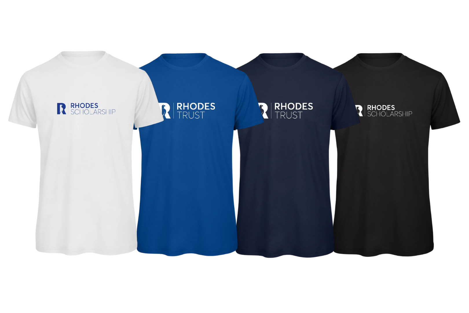 Four short-sleeved t-shirts in a row: white and black shirts printed with the Rhodes Scholarship logo, and royal blue and navy shirts printed with the Rhodes Trust logo.