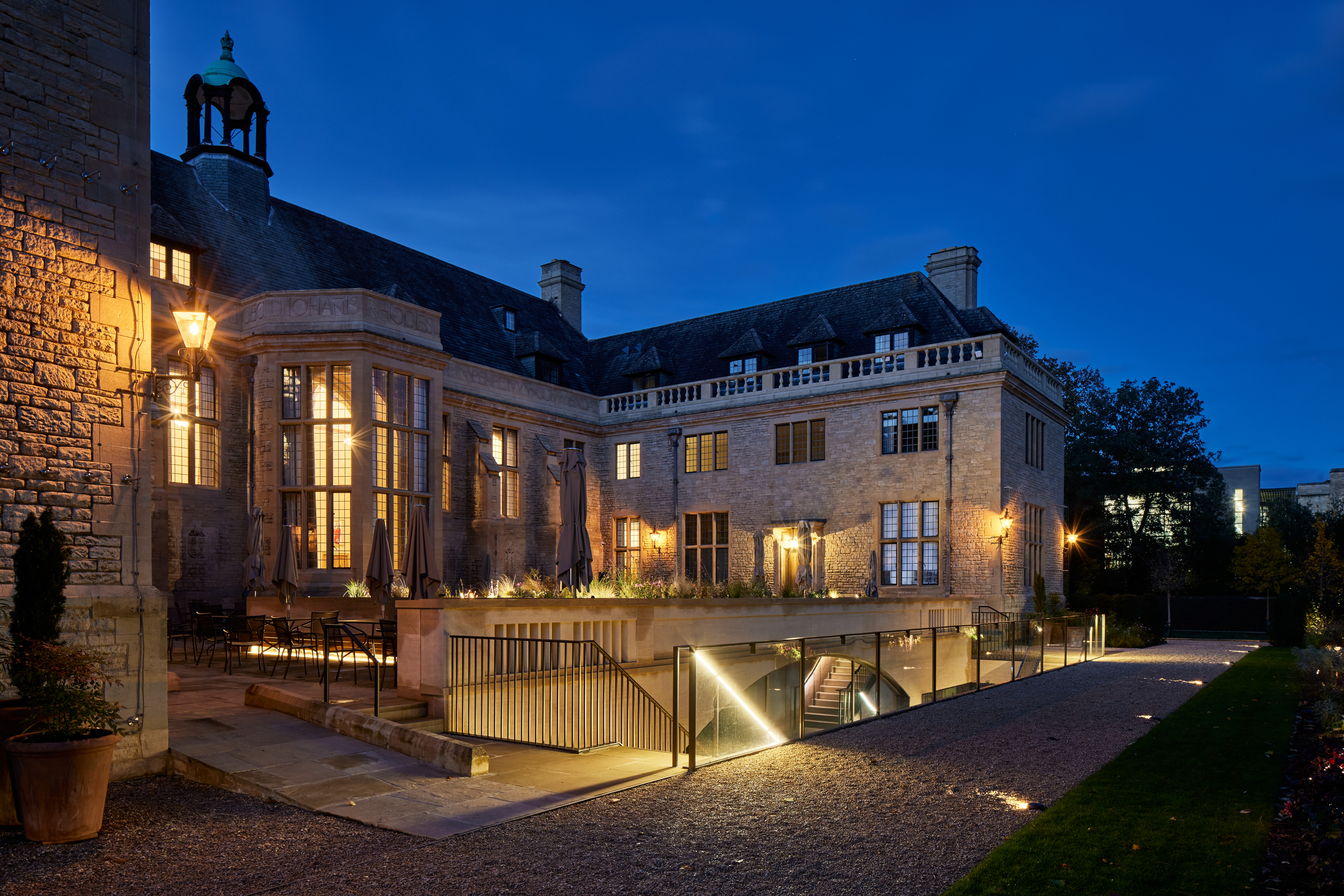 Rhodes House Courtyard with architectural lighting ready for an evening event