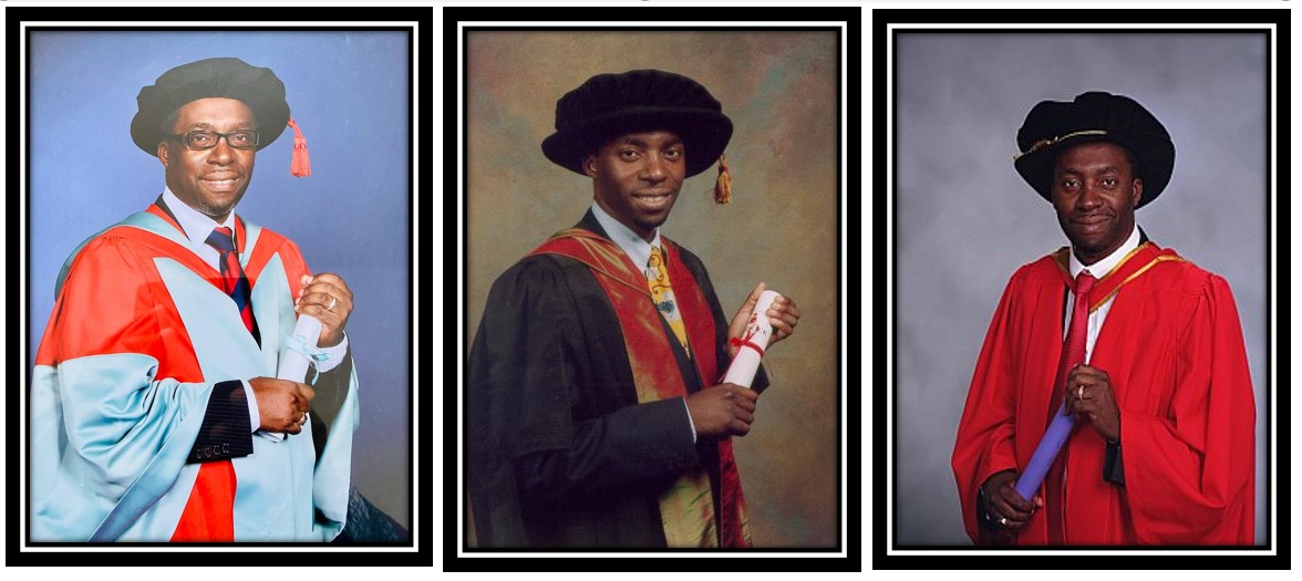 Three images of Kenneth each with a doctoral hat and holding a certificate, adorned in a  red gown.