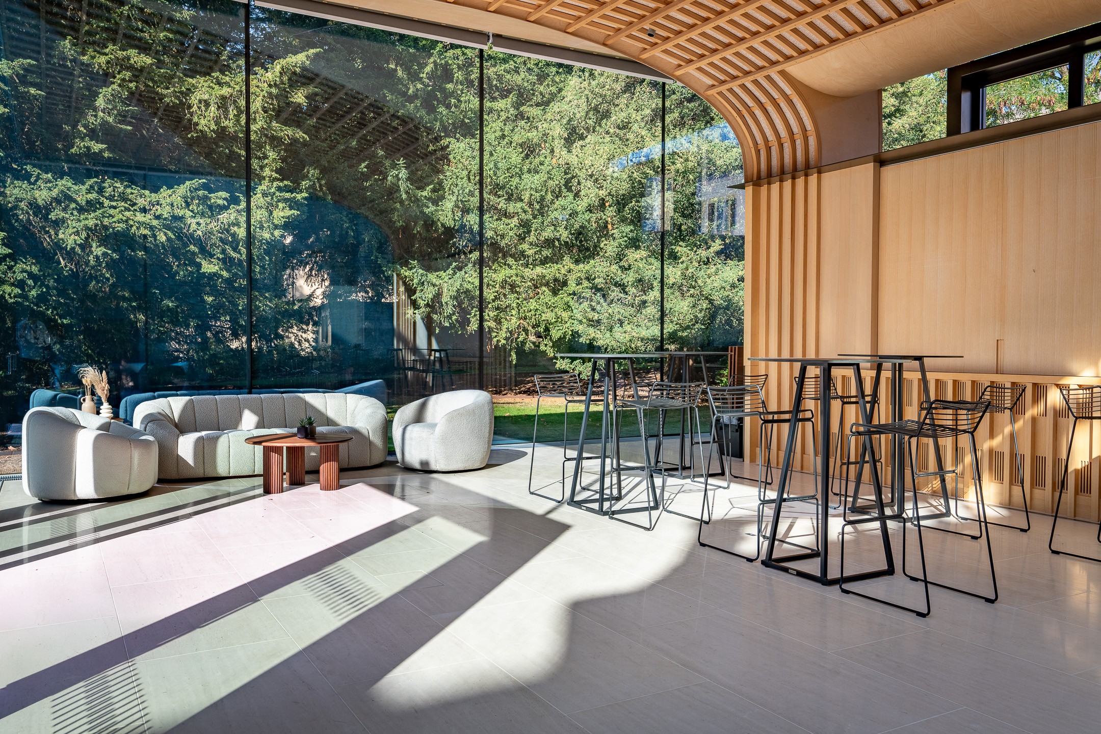 Rhodes House Glass Pavilion set up with hired furniture from Furniture on the Move