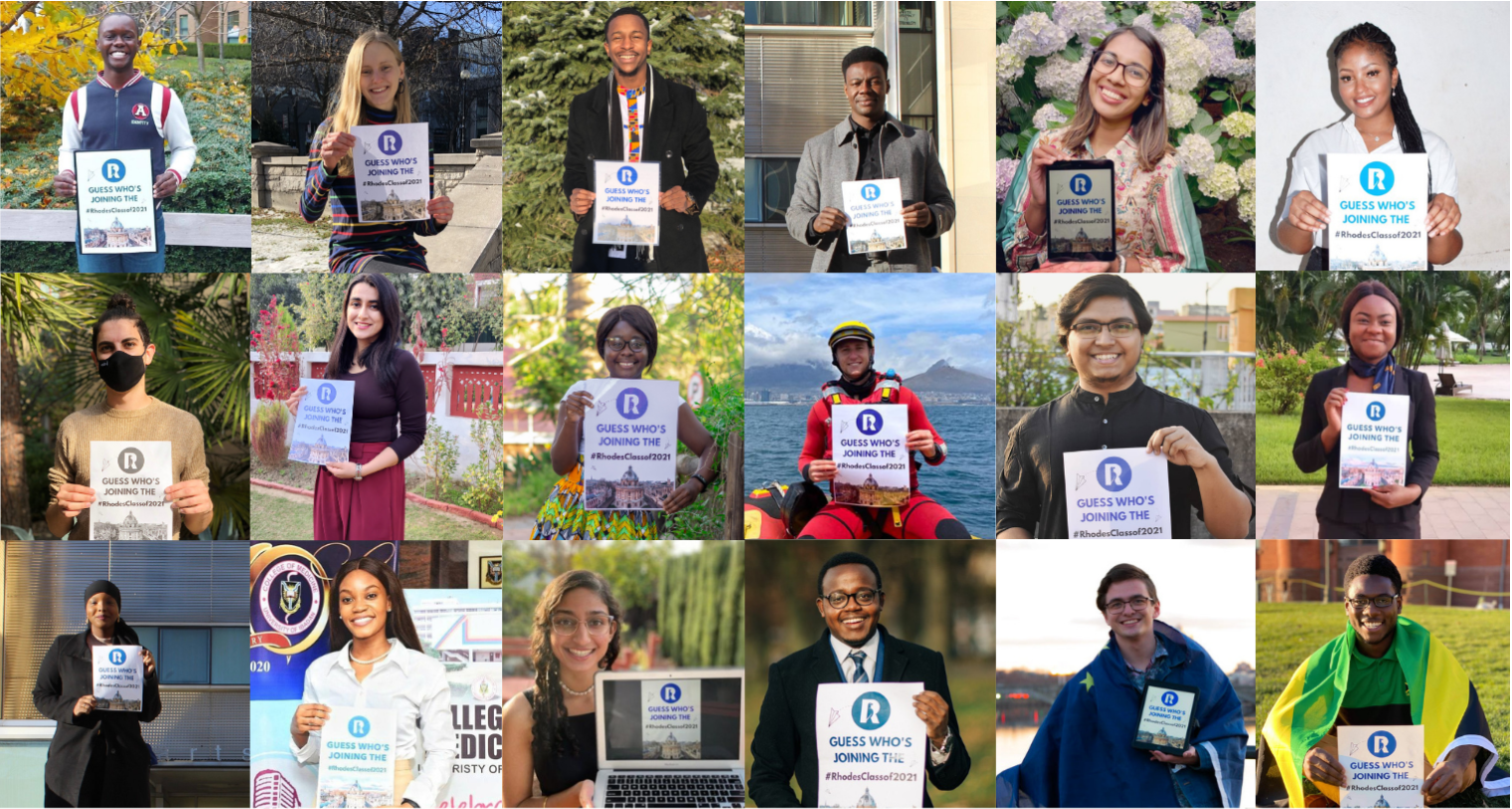 A collage of profile images of 18 students selected for Rhodes scholarships. They are all holding up signs that say "Guess Who's Joining the Rhodes Class of 2021"