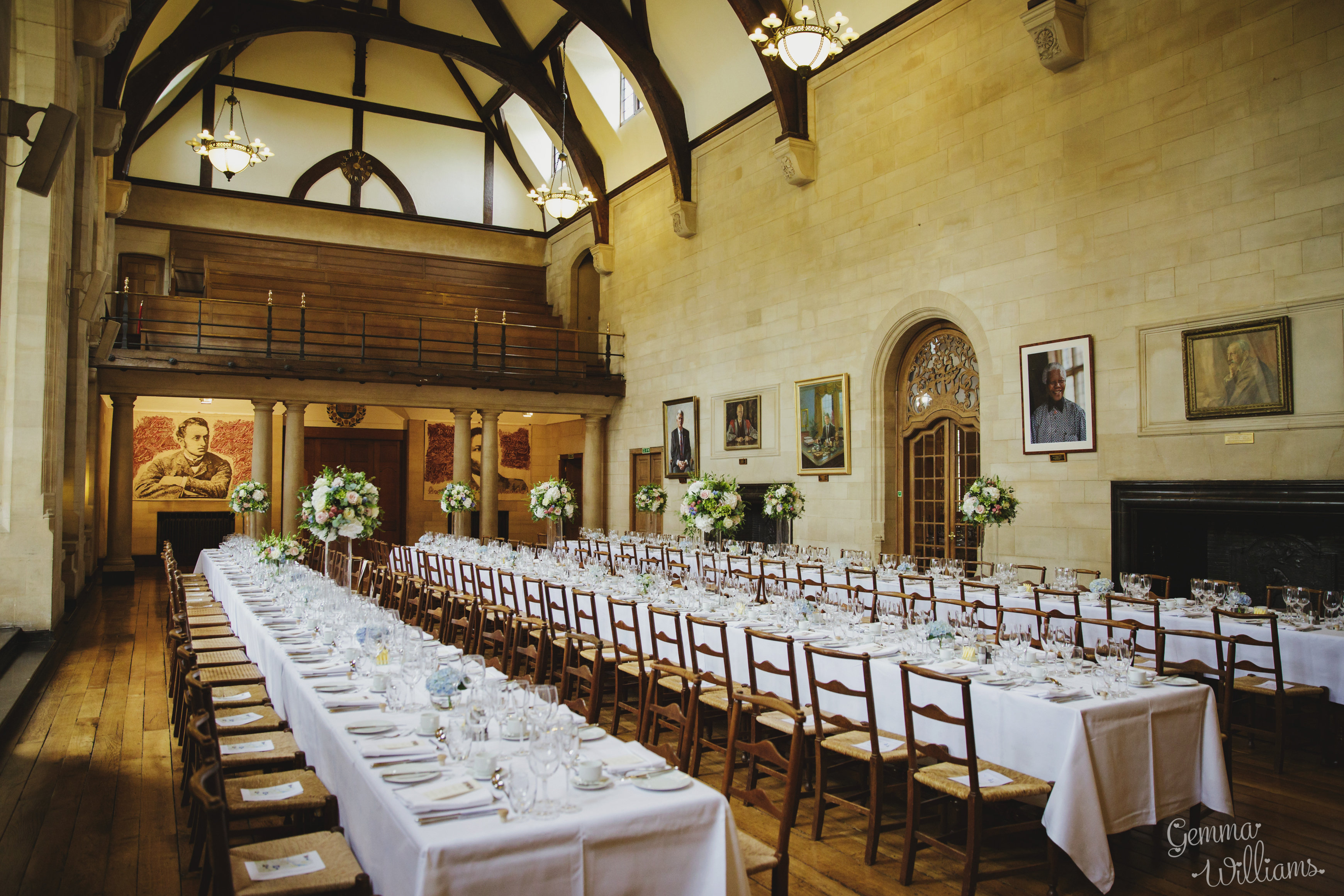 Rhodes House McCall MacBain Hall Wedding Banquet Tables with white flowers courtesy of Gemma Williams Photography