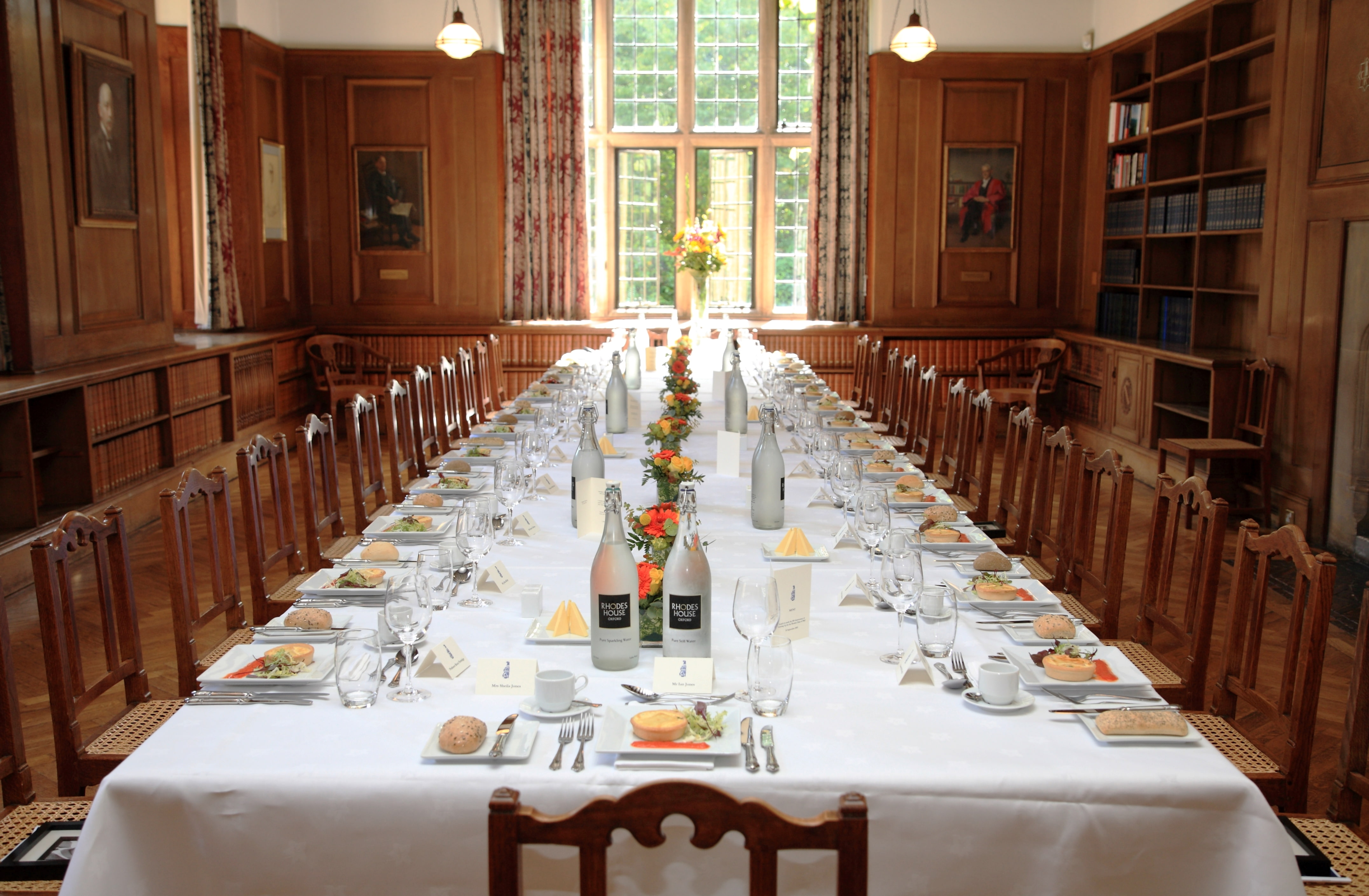 Rhodes House Beit Room set up for a small dinner with one banquet table