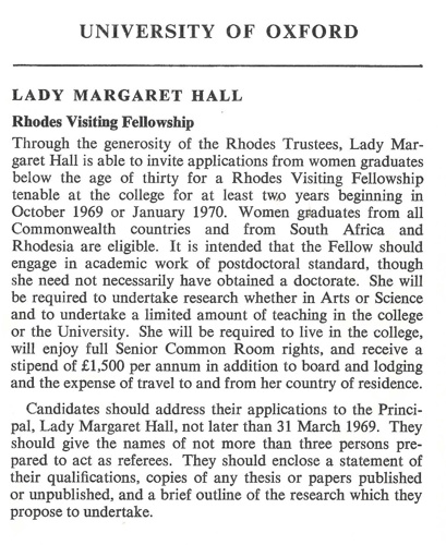 Advertisement for the first Rhodes Visiting Fellow