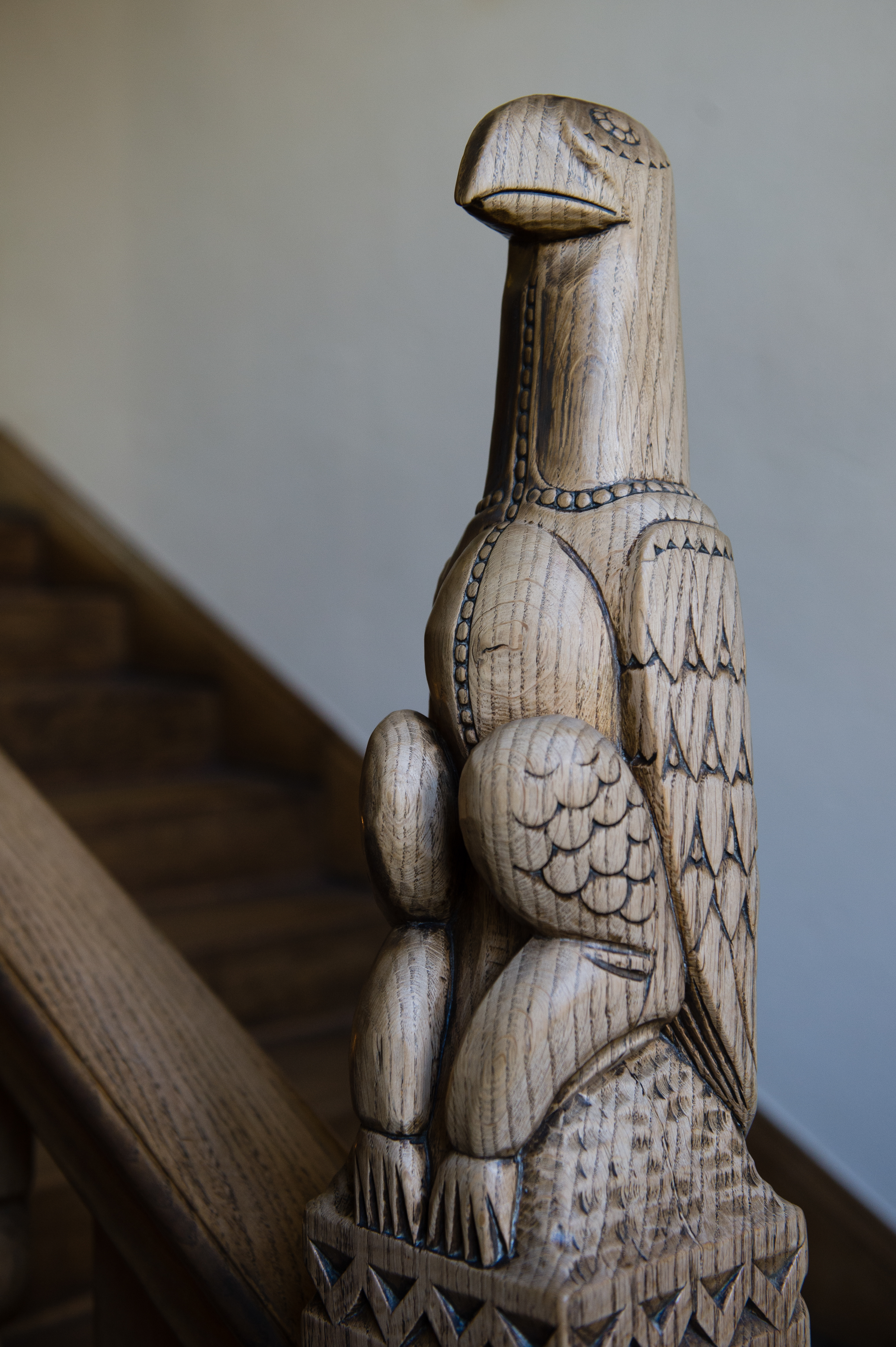 A Zimbabwe Bird newel post on the staircase at Rhodes House
