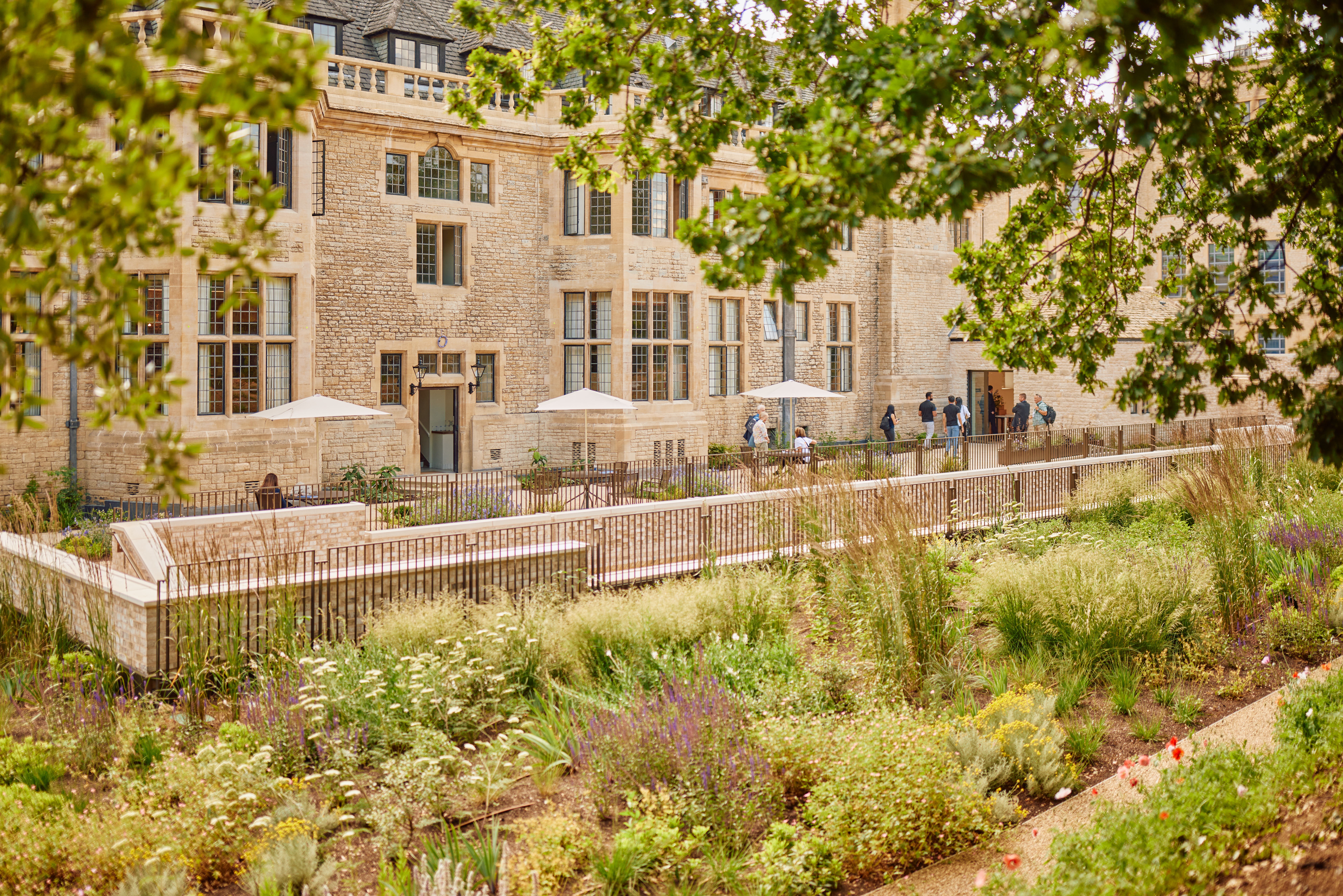 View of the east terrace and east gardens and accommodation block of Rhodes House