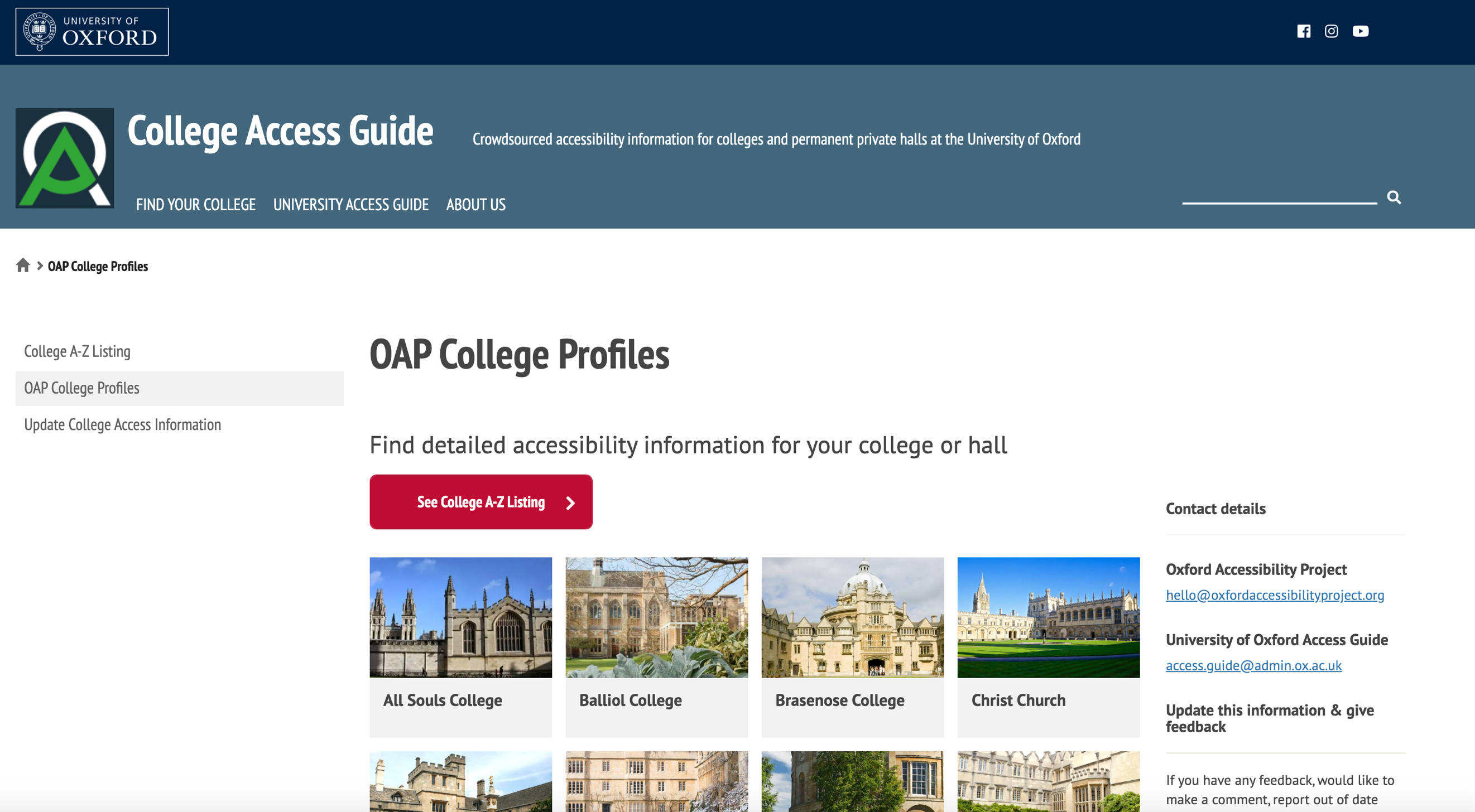 Oxford Accessibility Project Reception College Access Guide Website