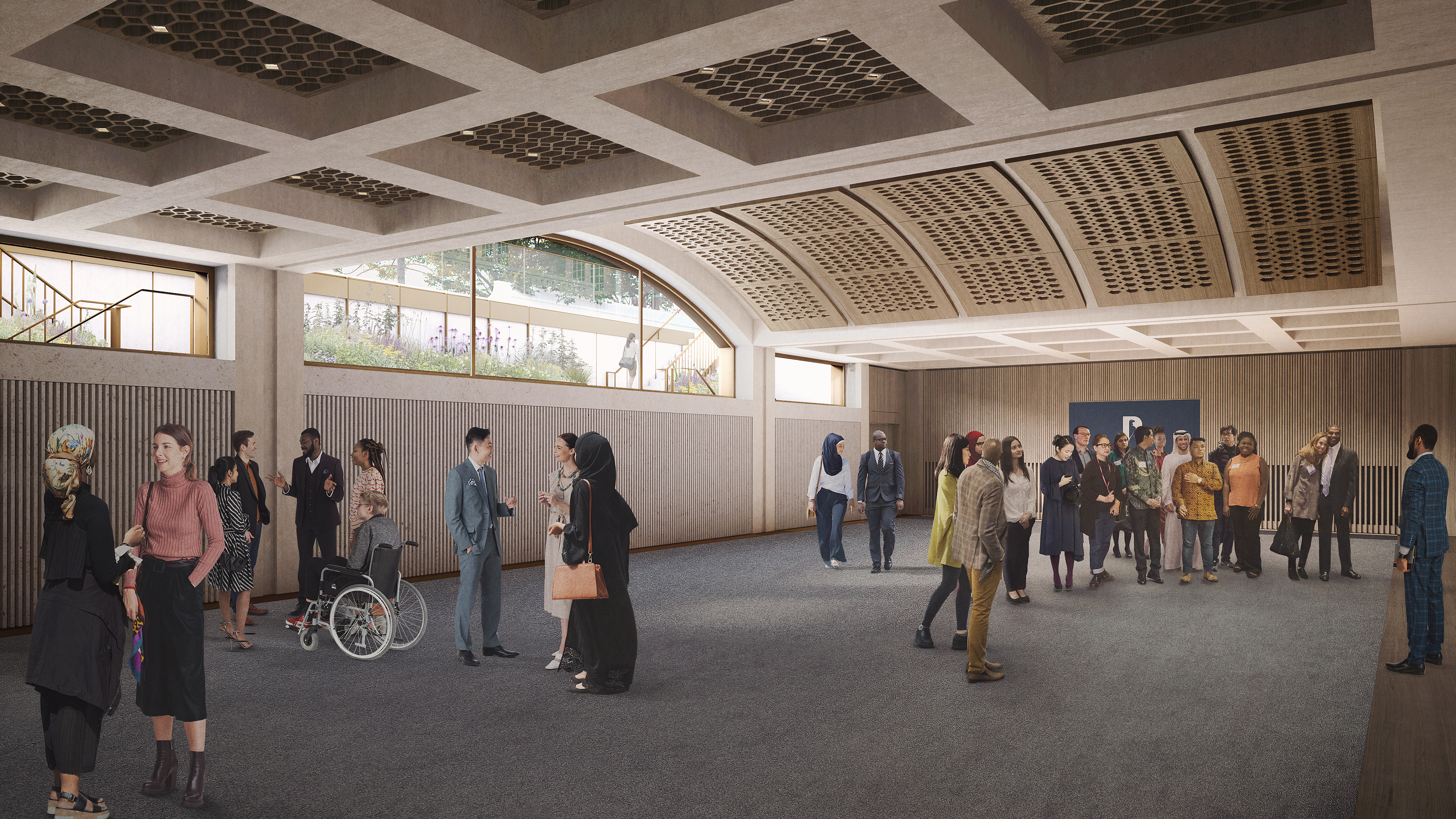 Image showing a gathering of people in a simple, empty room. Some people are talking in groups, and others are listening to a speaker.