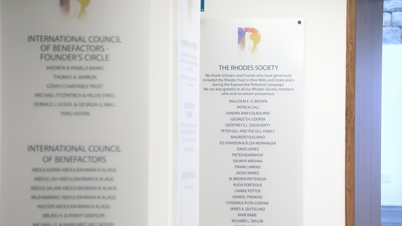 Board listing Rhodes Society Donors since 2018.
