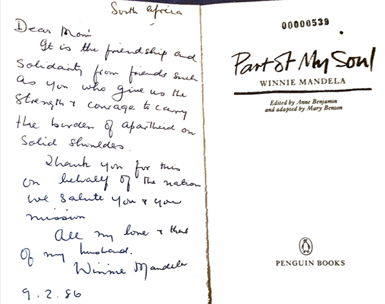 Handwritten note from Winnie Mandela that reads, 'Dear Moni, it is the friendship and solidarity from friends such as you who give us the strength and courage to carry the burden of apartheid on solid shoulders. Thank you for this on behalf of the nation we salute you and your mission. All my love and that of my husband, Winnie Mandela, 9.2.86.'