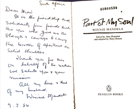 Handwritten note from Winnie Mandela that reads, 'Dear Moni, it is the friendship and solidarity from friends such as you who give us the strength and courage to carry the burden of apartheid on solid shoulders. Thank you for this on behalf of the nation we salute you and your mission. All my love and that of my husband, Winnie Mandela, 9.2.86.'