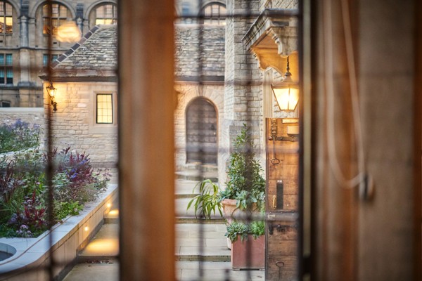 A view of the West Terrace of Rhodes House from the bay window of the Reception Room