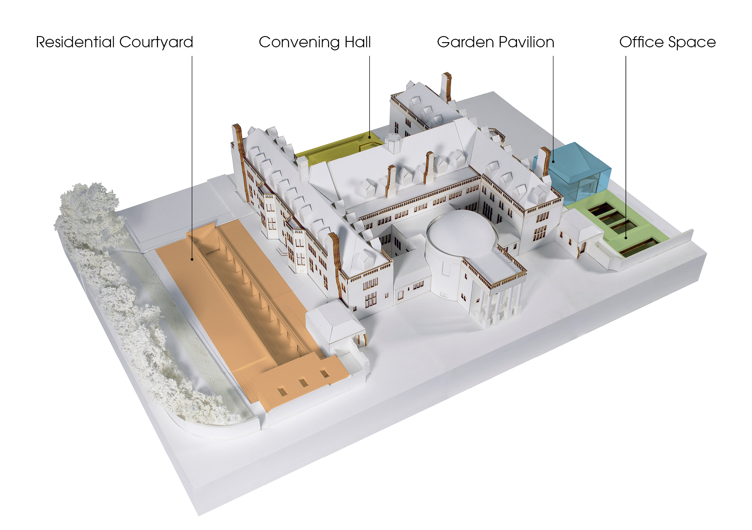 A 3D rendering of a diagram showing a bird's-eye view of Rhodes House and its areas of new construction, including a residential courtyard, the convening hall, the garden pavilion, and office space