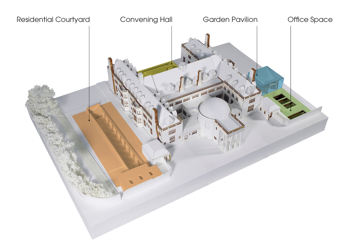 A 3D rendering of a diagram showing a bird's-eye view of Rhodes House and its areas of new construction, including a residential courtyard, the convening hall, the garden pavilion, and office space