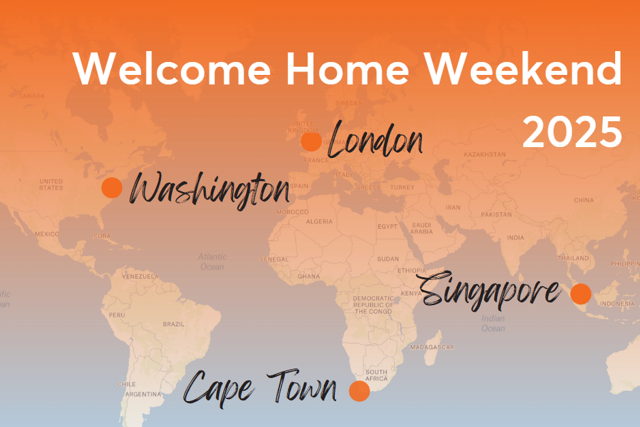 Welcome Home Weekend banner, depicting a map and 4 main locations where the weekend will be held; Washington, London, Singapore and Cape Town.