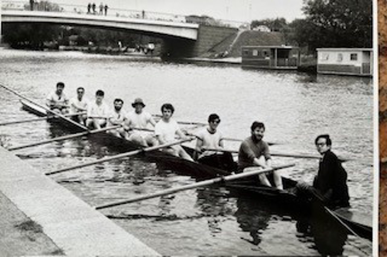Black and white photo of rowing in Oxford.