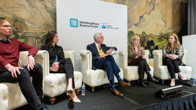 Five panellists in discussion on recognising and rewarding interdisciplinary achievement.