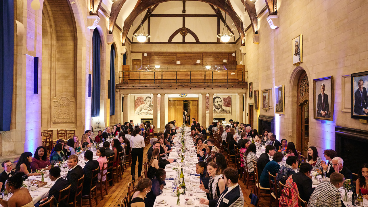 Seated diners at a formal banquet dinner