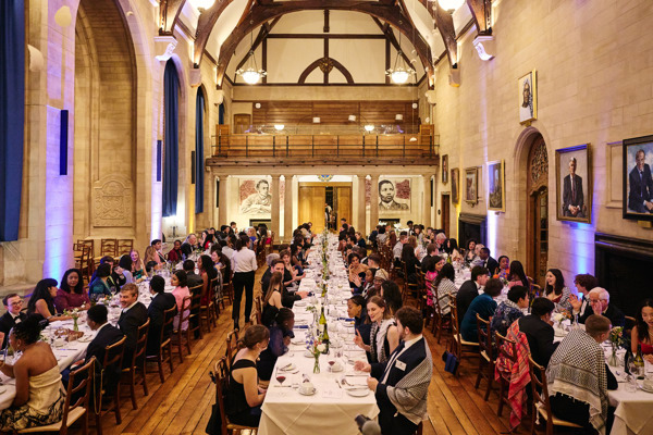 Seated diners at a formal banquet dinner