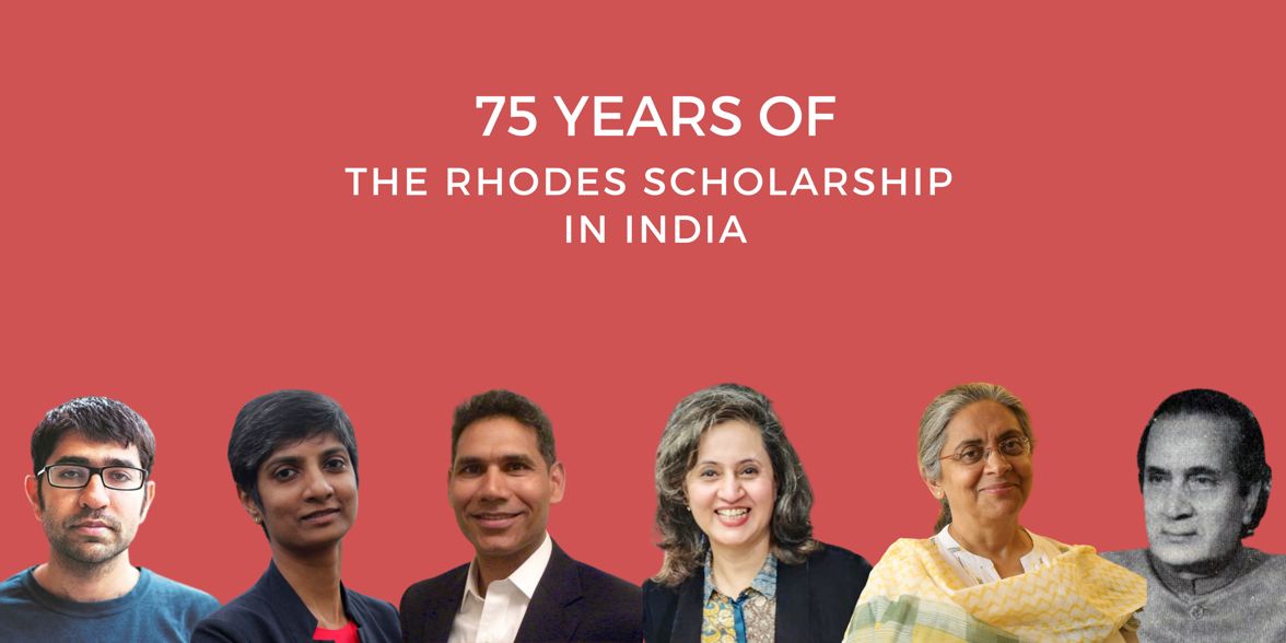 A composite image of 6 Rhodes Scholars from the last 75 years against a red background. The text reads "75 Years of the Rhodes Scholarship in India"
