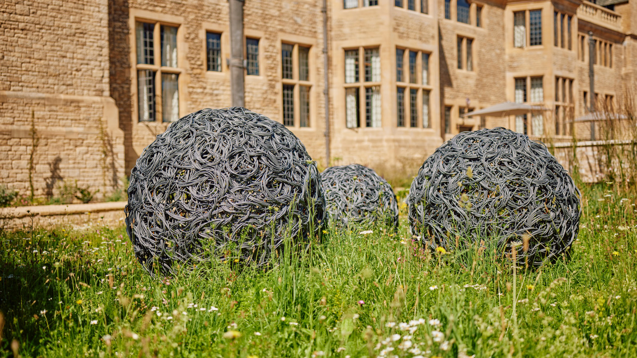 Image of Gogel Garden sculptures which are 2 round metallic balls