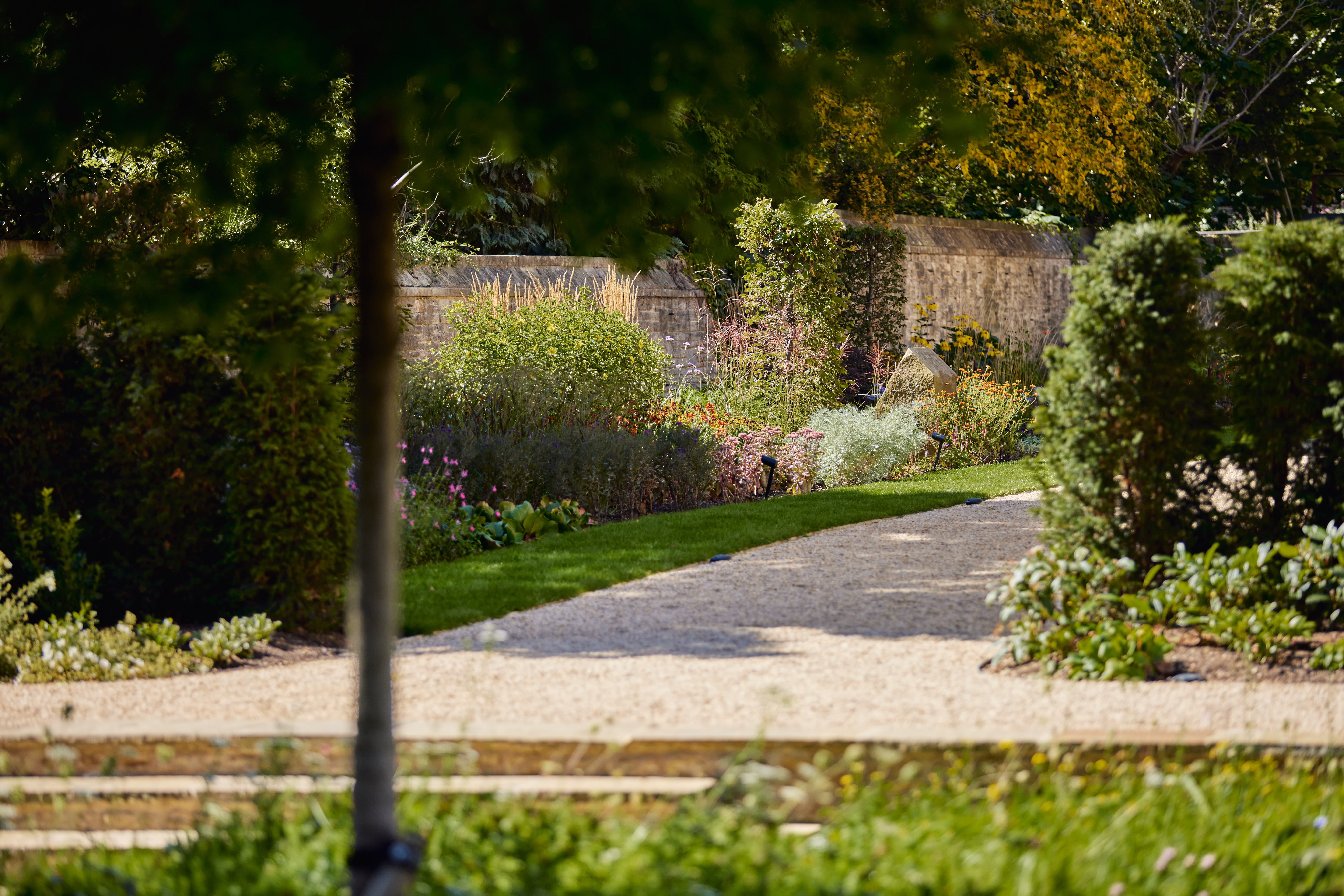 Garden path and vibrant floral borders in the sunshine at Rhodes House.