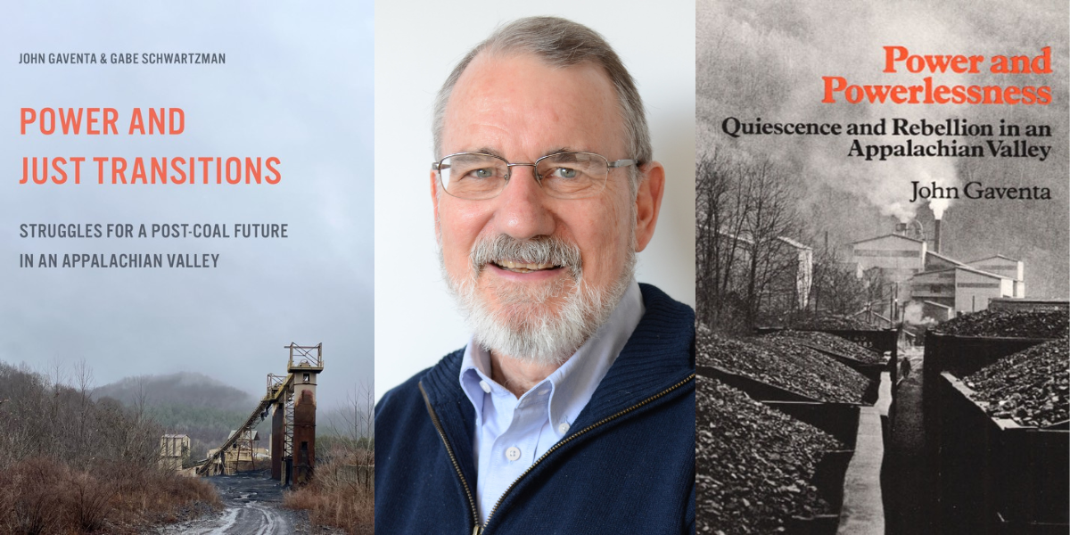Book covers of "Power and Just Transitions" and "Power and Powerlessness" and portrait image of John Gaventa