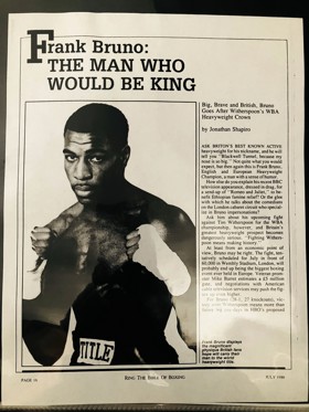 Cover of a newspaper with a black and white photo of Frank Bruno with boxing gloves and the title 'Frank Bruno: The Man Who Would be King'