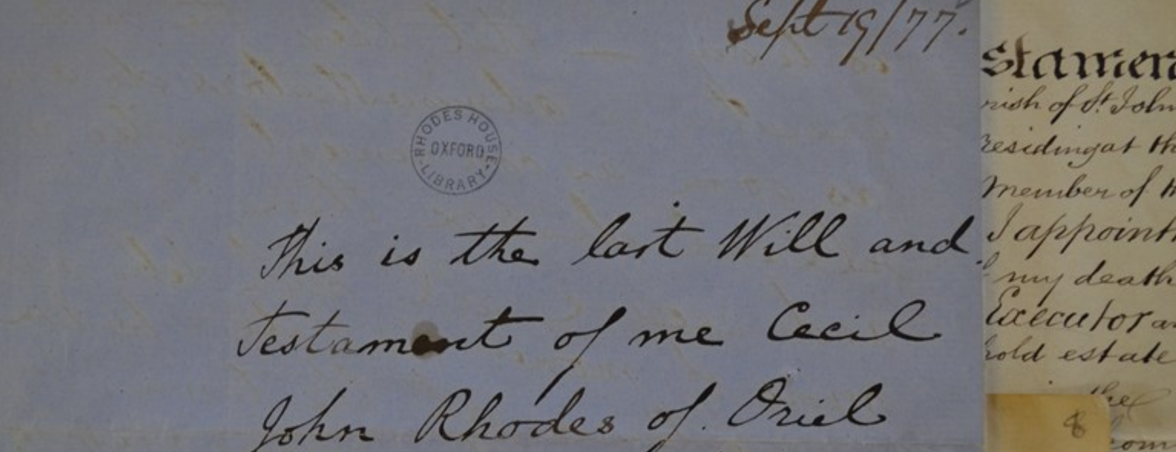 A snapshot showing a piece of paper on which is written the words "This is the last will and testament of Mr. Cecil John Rhodes of Oriel"